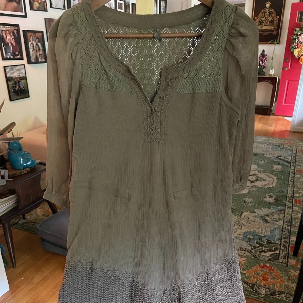 Free People Olive Green Crochet Knitted Boho Top SZ M